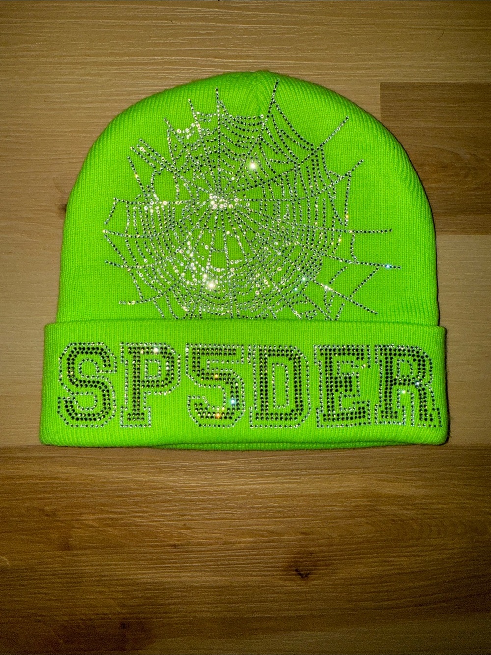 Neon Green Rhinestone Spider Beanie Hat